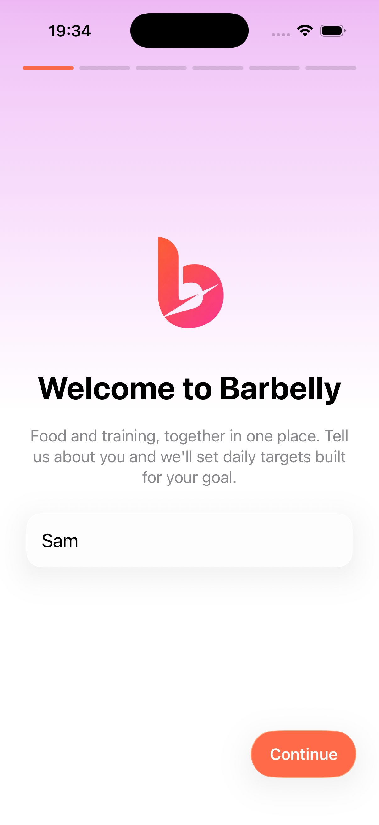 Welcome to Barbelly: the first setup step with a name field and a Continue button.